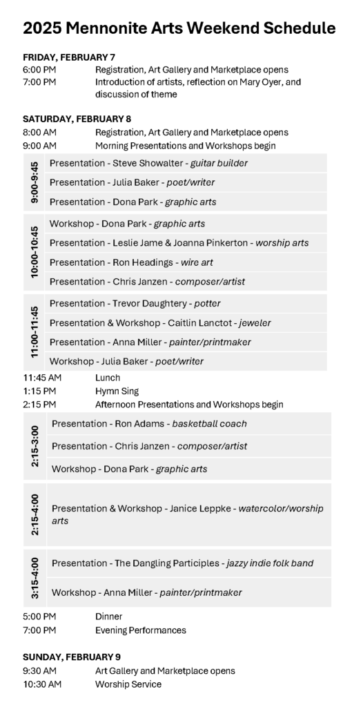 2025 Mennonite Arts Weekend Schedule portrait