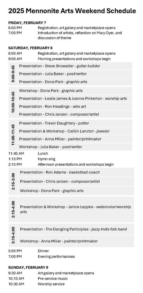 2025 Mennonite Arts Weekend Schedule portrait